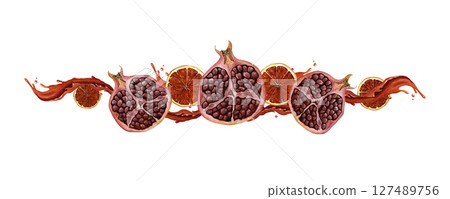 Watercolor border with red orange, granate and splash. Isolated in white. Hand-drawn illustration Watercolor border with red orange, granate and splash. Isolated in white. Hand-drawn illustration 127489756