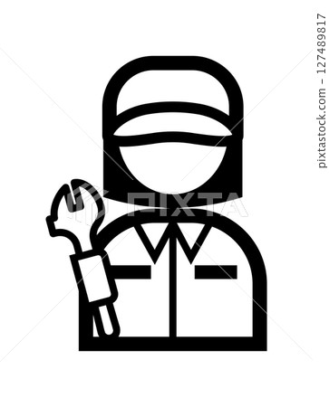 Simple monochrome illustration icon of a mechanic holding a spanner 127489817