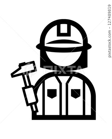 Simple monochrome illustration icon of a craftsman holding a hammer 127489819