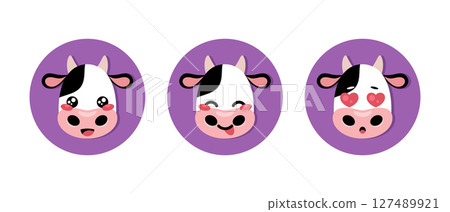 Cute cartoon cow round icons. Calf flat icons. Vector illustration Cute cartoon cow round icons. Calf flat icons. Vector illustration 127489921
