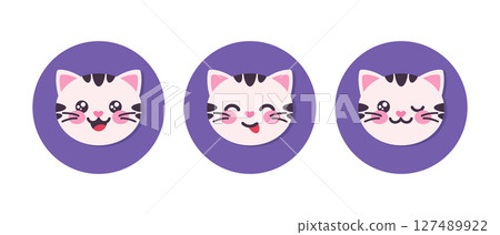 Cute cartoon cat round icons. Kitten flat icons. Vector illustration Cute cartoon cat round icons. Kitten flat icons. Vector illustration 127489922