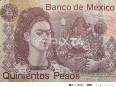 Mexican 500 peso (2010) bill, Frida Kahlo. Mexico money currency. 127489989