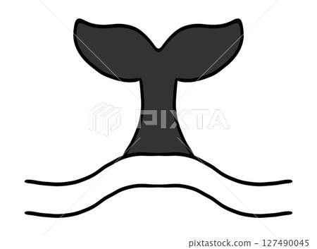 Whale Tale Icon ocean animal, mammal tail line sketch. Vintage simple silhouette with waves. Minimalistic simple tattoo drawing.  127490045