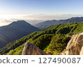 Japanese monkeys watching the morning sun at the summit of Mt. Tsubakuro 127490087