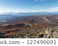 View of Lake Shirakaba with autumn leaves, the Central Alps, and the Northern Alps from the summit of Mount Tateshina in the Yatsugatake Mountains 127490091