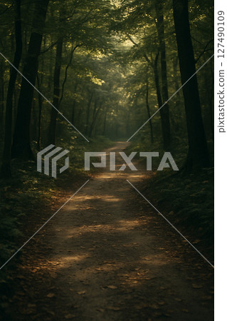 A quiet forest path with beautiful sunlight filtering through the trees 127490109