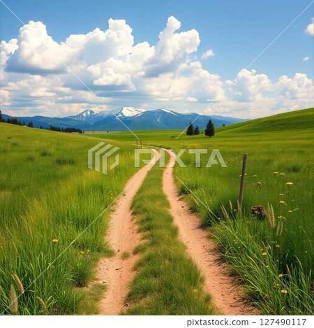 一條蜿蜒的道路，位於一座綠色的山丘上，周圍環繞著藍天和雲彩 127490117