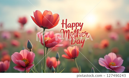 Beautiful blooming poppies on a sunny day with Happy Mother's Day wishes 127490243