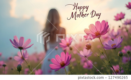 Delicate Mother's Day greeting in a field of cosmos flowers at sunset 127490265