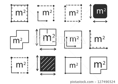 Square meter icon line quantity area, m2 measuring area sign symbol. Simple territory measurement. Flat area square meter. 127490324