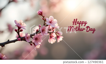 Beautiful cherry blossom branch with 'Happy Mother's Day' message in soft light Beautiful cherry blossom branch with 'Happy Mother's Day' message in soft light 127490361
