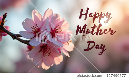 Happy Mother's Day with blooming pink almond blossoms on a sunny background 127490377