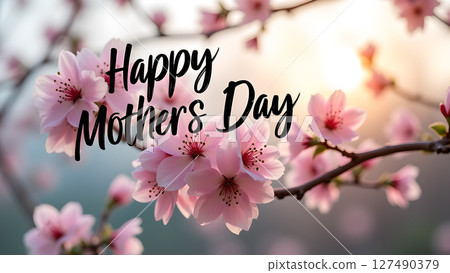 Happy Mother's Day with Blooming Cherry Blossoms in Soft Light Backdrop Happy Mother's Day with Blooming Cherry Blossoms in Soft Light Backdrop 127490379