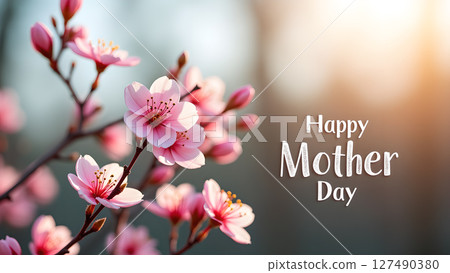 Happy Mother's Day with blooming cherry blossoms in soft sunlight background 127490380