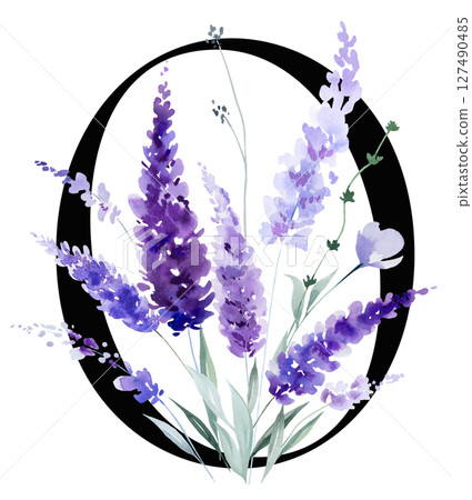 Black number 0 with watercolor purple lavender flowers bouquet, summer floral wedding element 127490485