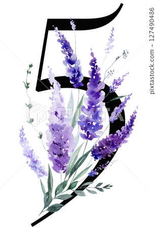 Black number 5 with watercolor purple lavender flowers bouquet, summer floral wedding element 127490486