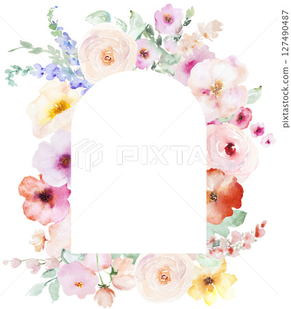 Frame with Watercolor pink and yellow flowers and leaves, pastel wedding isolated illustration 127490487