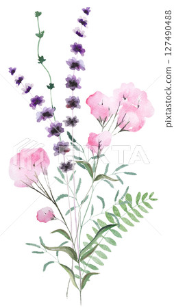 Bouquet made of watercolor pink wild flowers and leaves, wedding and greeting illustration 127490488