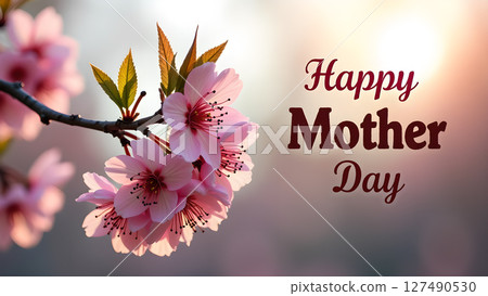 Delicate pink cherry blossoms and a heartfelt greeting for Mother's Day celebration Delicate pink cherry blossoms and a heartfelt greeting for Mother's Day celebration 127490530