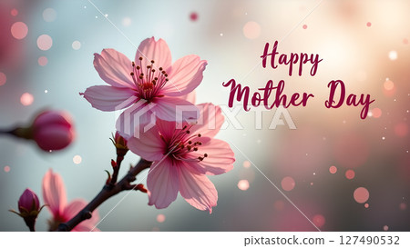 Elegant Mother's Day floral greeting card with delicate pink cherry blossoms 127490532