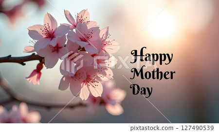 A gentle mother's day greeting with cherry blossom and a warm, glowing background 127490539