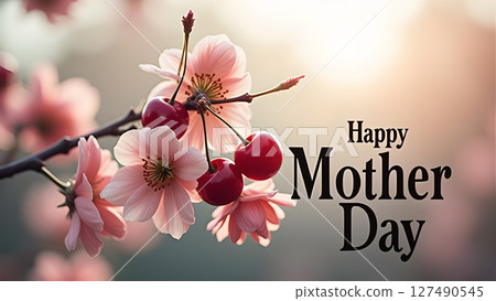 Elegant Mother's Day floral greeting card with cherry blossoms and sweet cherries Elegant Mother's Day floral greeting card with cherry blossoms and sweet cherries 127490545