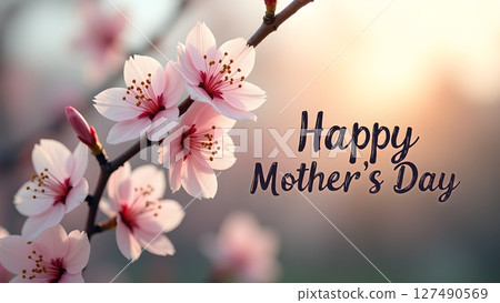 Gentle pink cherry blossoms with 'Happy Mother's Day' greeting card design 127490569