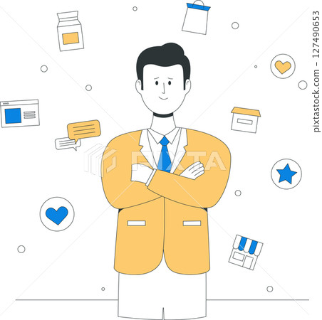 A confident businessman with strong brand identity and professional aura stands with arms crossed, surrounded by business icons, symbolizing successful brand management 127490653