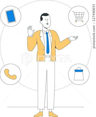 A businessperson in suit surrounded by commerce icons including phone, shopping cart, and bag, representing communication, shopping, and technology integration 127490655