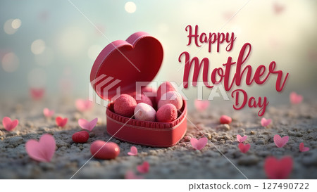 Romantic heart-shaped box full of candies wishing happy mother's day beautifully Romantic heart-shaped box full of candies wishing happy mother's day beautifully 127490722