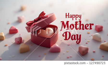 Happy Mother's Day Celebration with Heart-Shaped Gift Box and Candy Arrangement Happy Mother's Day Celebration with Heart-Shaped Gift Box and Candy Arrangement 127490723