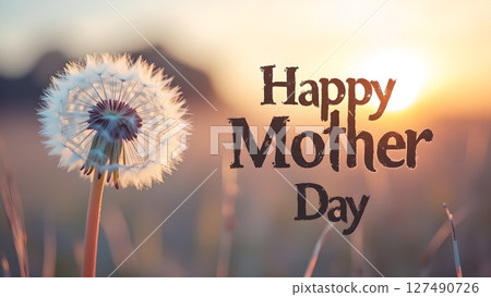Happy Mother's Day greeting card with dandelion at sunset for celebration Happy Mother's Day greeting card with dandelion at sunset for celebration 127490726