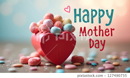 Adorable happy mother's day greeting card with red heart and colorful sweets Adorable happy mother's day greeting card with red heart and colorful sweets 127490735