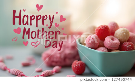 Happy Mother's Day themed image with sweets, hearts, and festive decorations 127490744
