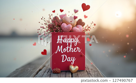 Heartfelt Happy Mother's Day Gift Box with Love Accents and Warm Bokeh Backdrop 127490767