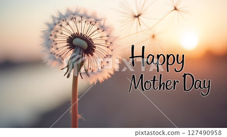 Gentle Mother's Day Greeting with Dandelion against Warm Sunset Backdrop 127490958