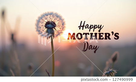 Warm Mother's Day Greeting: Dandelion Silhouette Against a Sunset Background 127490999