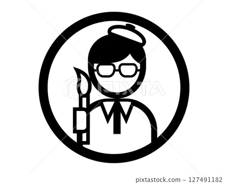 畫家手持畫筆的圓形簡單單色插圖圖標 127491182