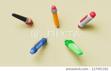 Stationery Writing and Drawing Tools, Pen,Pencil, Brush, Highlighter and Crayon. 3D Rendering. 127491302