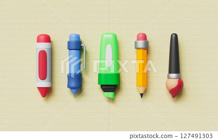 Stationery Writing and Drawing Tools, Pen,Pencil, Brush, Highlighter and Crayon. 3D Rendering. Stationery Writing and Drawing Tools, Pen,Pencil, Brush, Highlighter and Crayon. 3D Rendering. 127491303