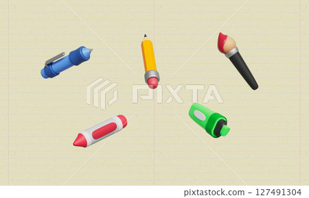Stationery Writing and Drawing Tools, Pen,Pencil, Brush, Highlighter and Crayon. 3D Rendering. 127491304