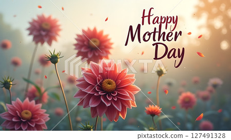 Happy Mother's Day with a field of stunning pink dahlias in soft, dreamy light 127491328