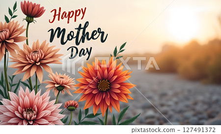 Elegant Mother's Day Floral Greeting with River Sunset Background, celebration Elegant Mother's Day Floral Greeting with River Sunset Background, celebration 127491372