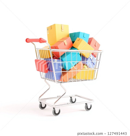 Assorted colorful boxes in shopping cart on a white background 127491443