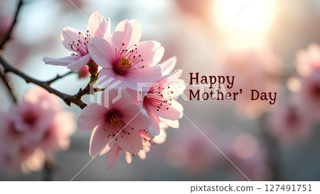 Pink Cherry Blossoms with Warm Sunlight Celebrating Happy Mother's Day 127491751