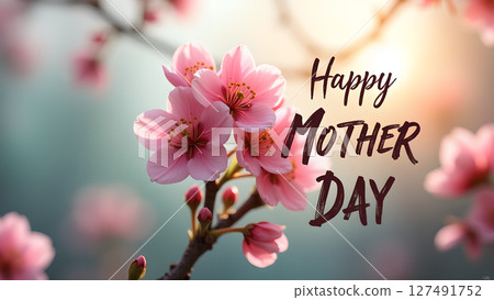 Delicate pink cherry blossoms with 'Happy Mother's Day' greeting against a soft backdrop 127491752