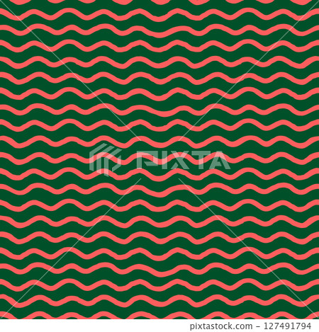 Seamless pattern with red wavy lines on a dark green background. Hand-drawn brush strokes form an abstract stripe texture. Great for fabric, stationery, wrapping, or digital. Drag to swatches panel. 127491794