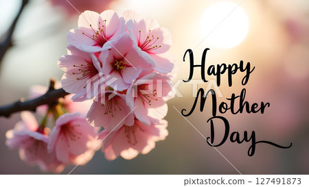Pink Cherry Blossoms and Mother's Day Greeting for a Heartwarming Celebration Pink Cherry Blossoms and Mother's Day Greeting for a Heartwarming Celebration 127491873