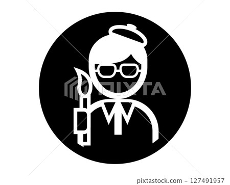 一個圓形的簡單的單色輪廓插圖圖標，上面畫著一位畫家拿著畫筆 127491957