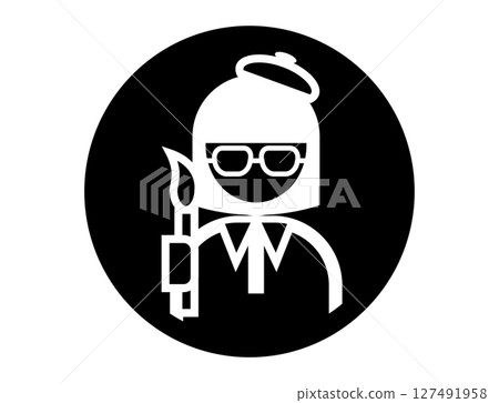 一個圓形的簡單的單色輪廓插圖圖標，上面畫著一位畫家拿著畫筆 127491958